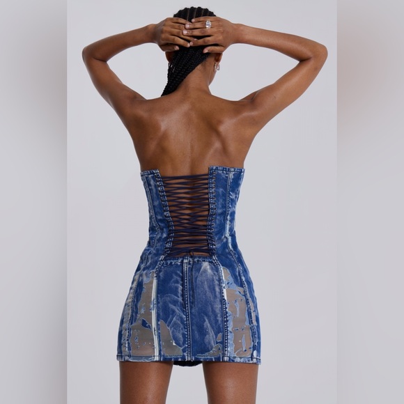 Jaded London Zion Mini Dress Lace Up Corset Mesh Denim UK 10 US 6 SMALL - Picture 4 of 12